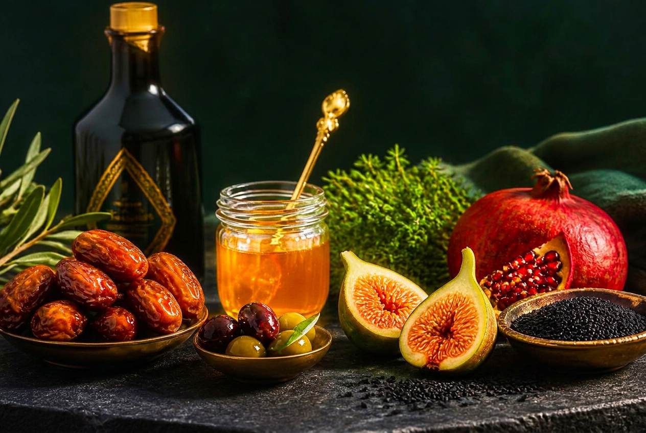 Fresh fruit and dates on a dark surface