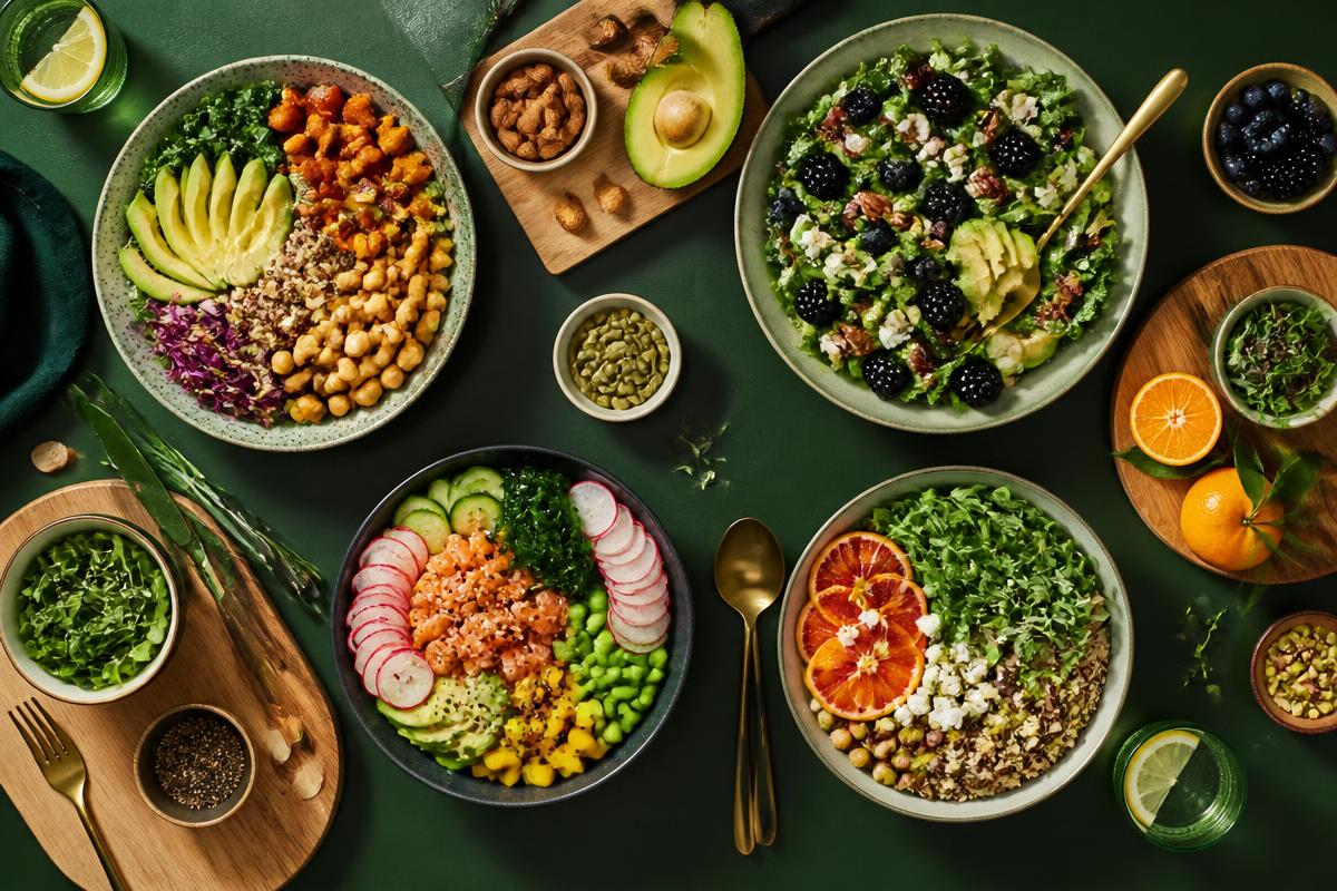 A table of colourful healthy food — salads, avocado, fresh fruit and vegetables