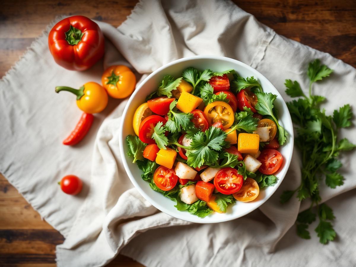 Colourful fresh salad bowl with peppers, tomatoes and herbs on a linen cloth