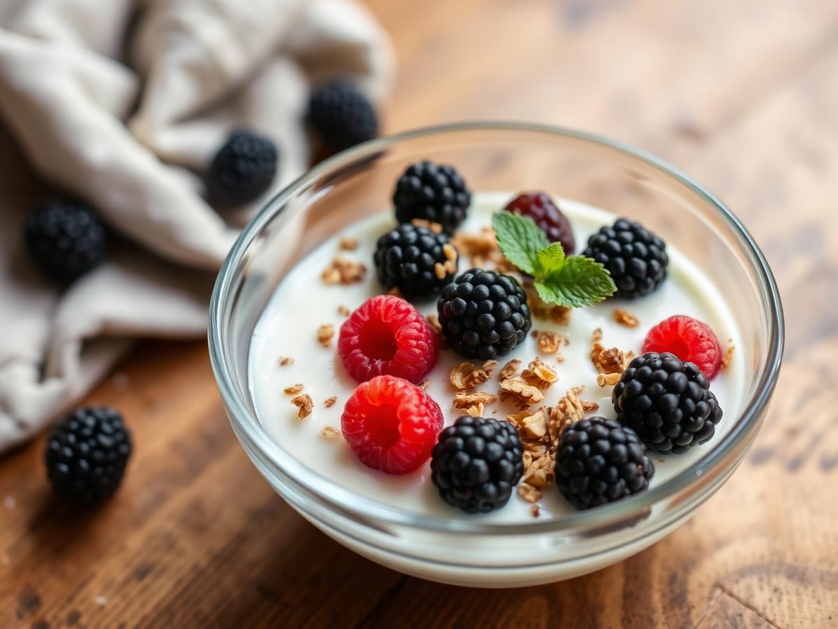 Glass bowl of yogurt with berries and granola on a wooden table